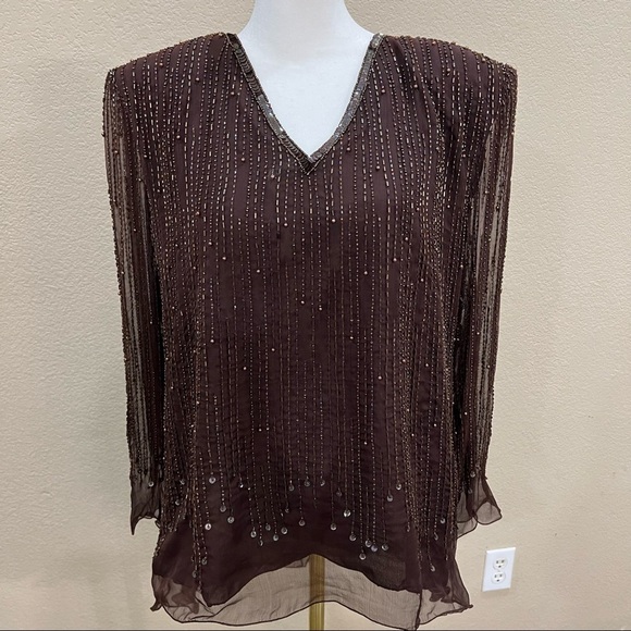Vtg 90s Miss Morgan Silk Beaded Sequin Evening Party Formal Blouse Top Sz L EUC - Picture 1 of 10